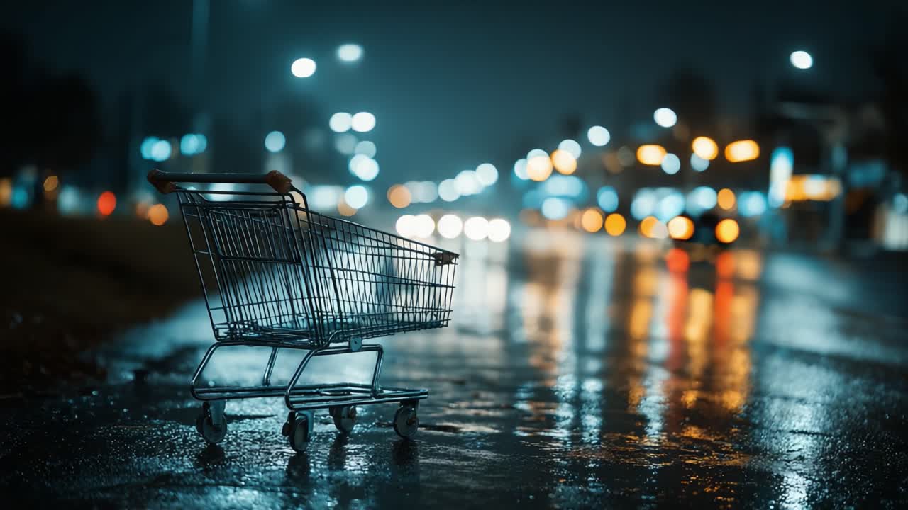 Abandoned Shopping Cart Stands Alone in Rainy Urban Night, Reflecting City Lights on Wet Pavement Under a Moody Sky