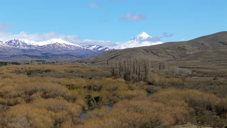 breathtaking view of a snow-capped volcano and river valley