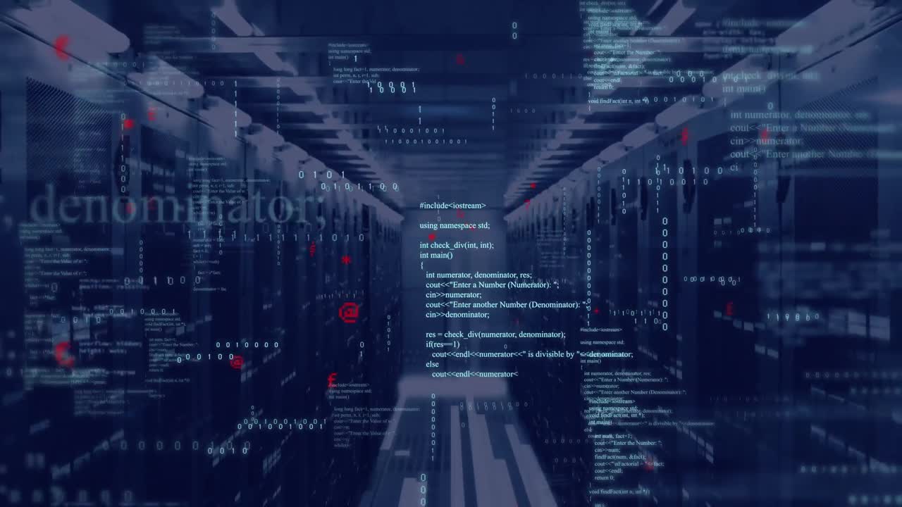 animación de lenguaje informático y códigos binarios sobre barras en bastidores de servidores de datos en la sala de servidores