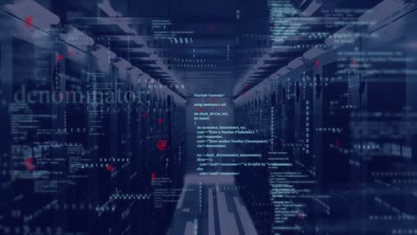 animation of computer language and binary codes over bars on data server racks in server room