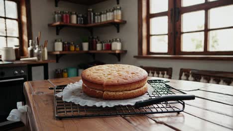 A rustic kitchen scene with a sponge cake on a cooling rack. Shot from a low angle, perfect