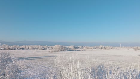 Vista-Aérea-De-Un-Paisaje-Rural-En-Invierno,-Campos-Y-árboles-Cubiertos-De-Nieve,-Clima-Helado,-Día-Soleado-De-Invierno-Con-Cielo-Azul,-Amplio-Tiro-Ascendente-De-Drones-Avanzando