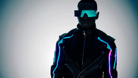 cyberpunk man in neon glowing jacket and visor