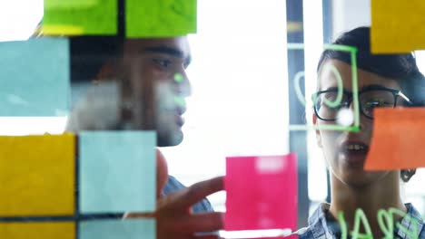 Executives-discussing-over-sticky-notes-on-glass-wall