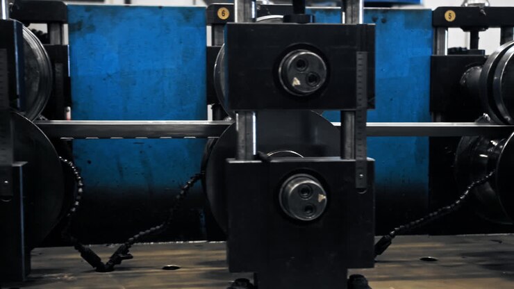Close up of conveyor belt in a factory along which aluminium panels move for the production of high-tech products