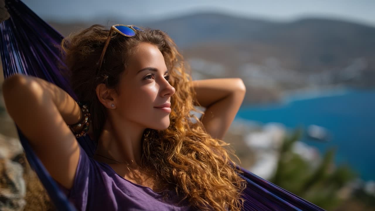 A young woman relaxes in a hammock by the seaside, basking in the warm sunlight, enjoying the soothing sound of waves with a content expression and beautiful scenery