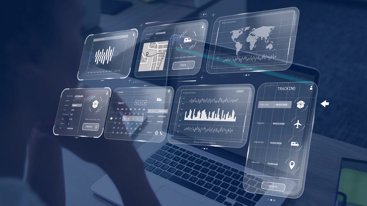 Woman's hands tapping and swiping laptop, activating tech panels with map, line chart, monitoring