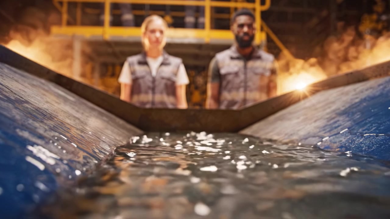 Industrial Scene Featuring Two Individuals in Safety Vests Overlooking a Water Channel in a Manufacturing Facility with Background Machinery and Lighting