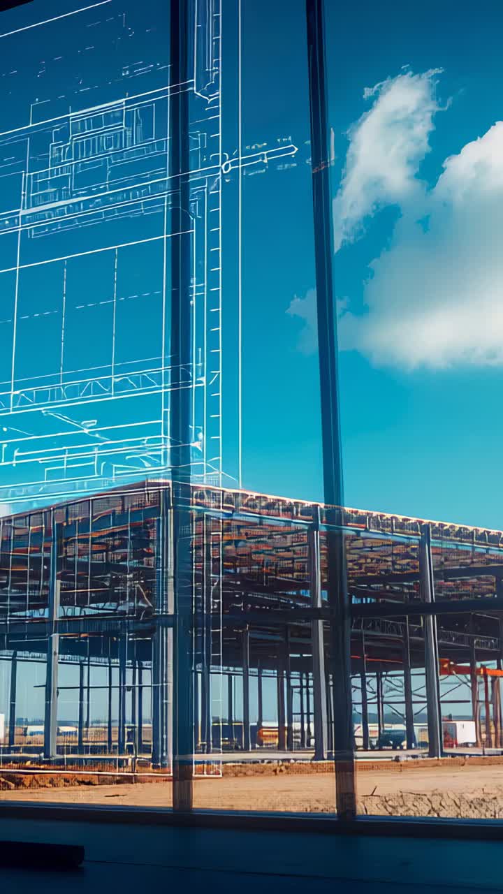 Vertical video: Shifting camera framing steel frame through glass showing plan for comparison