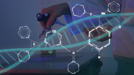 Animación-De-ADN-Y-Estructuras-Químicas-Contra-La-Sección-Media-De-Un-Científico-Que-Trabaja-En-El-Laboratorio.