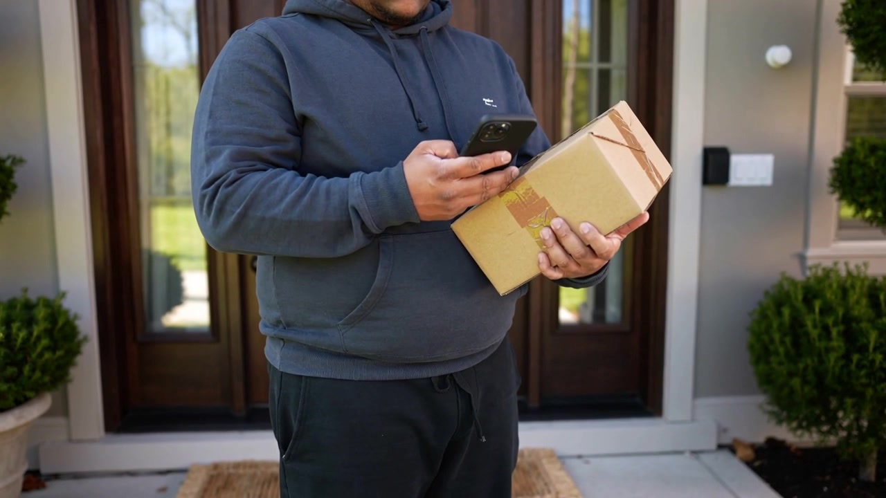 Dopo aver ricevuto il pacco, un uomo con felpa grigia con cappuccio tocca il telefono inclinando la scatola sul portico, confermando la consegna.