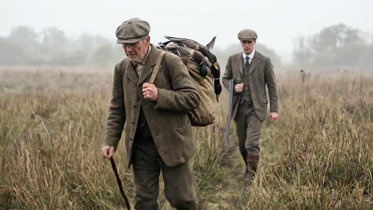 Due uomini in tweed che camminano in un campo nebbioso dopo una battuta di caccia alle anatre