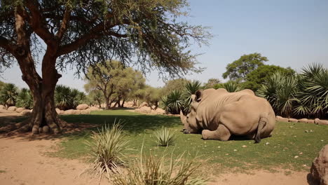 a rhinoceros rests peacefully on the grass under a tree