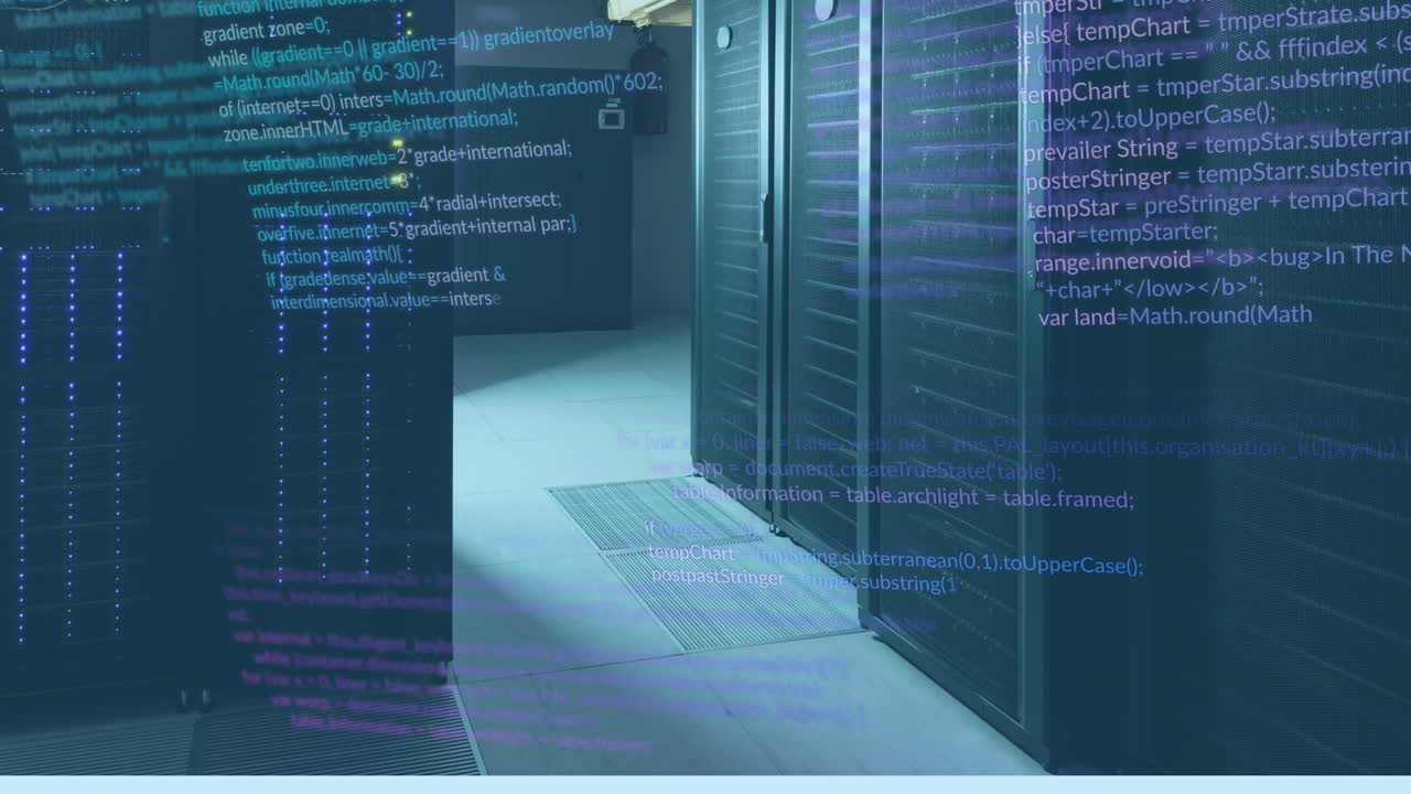 animación del lenguaje informático en los racks de servidores de datos en la sala de servidores