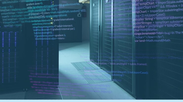Animation of computer language over data server racks in server room