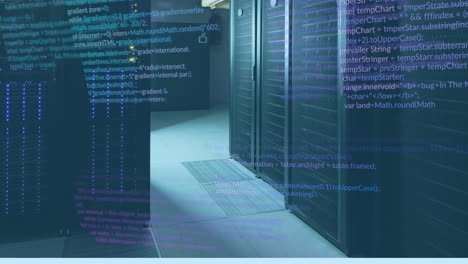 Animation of computer language over data server racks in server room