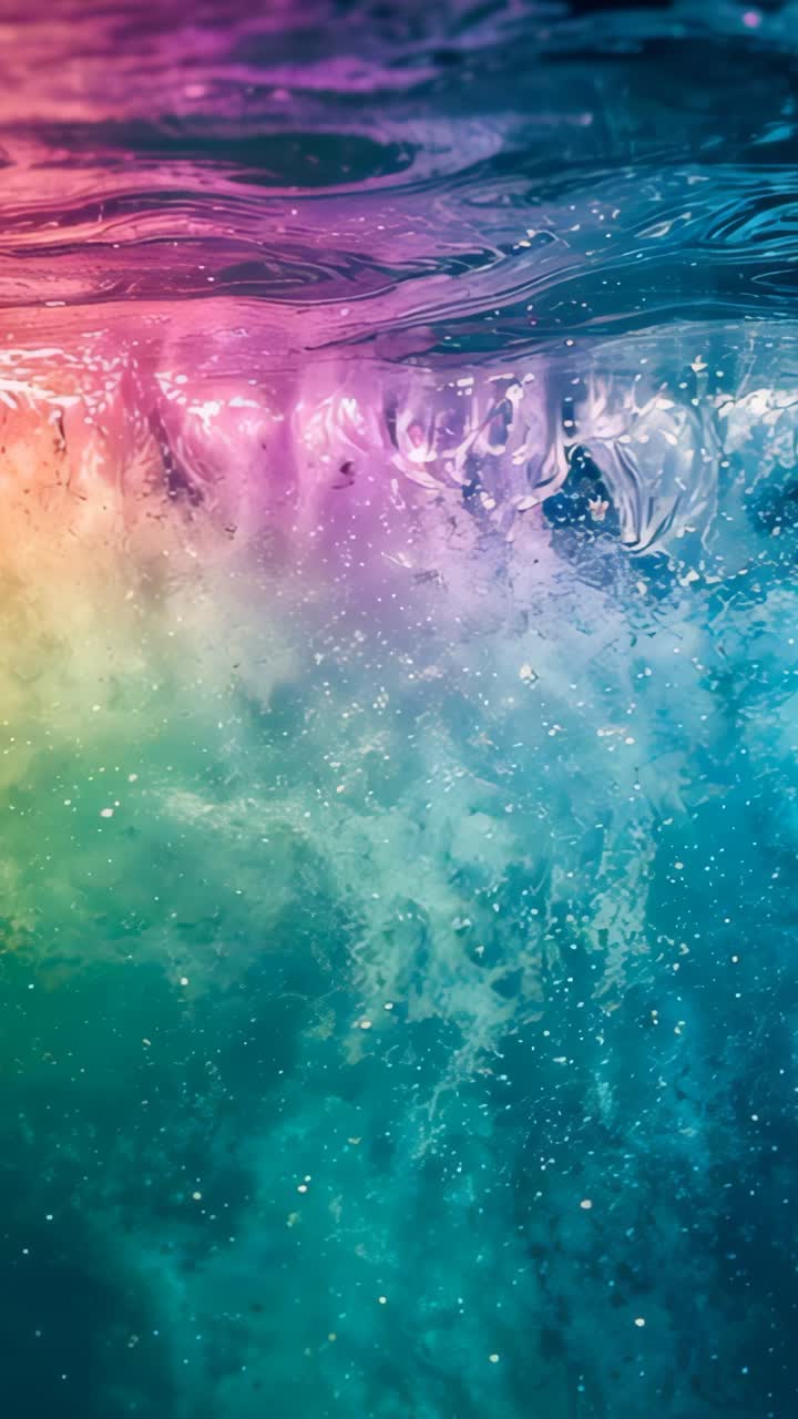 Vertical video: Nucleating bubbles driving pigment swirling under liquid surface in jar, particles