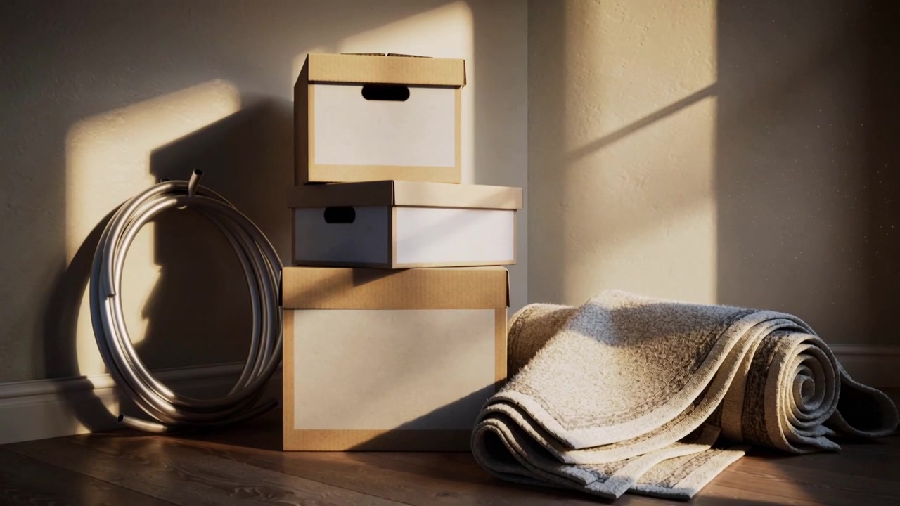 Moving camera centering three cardboard boxes in home corner, sunlight sliding across rug, coil