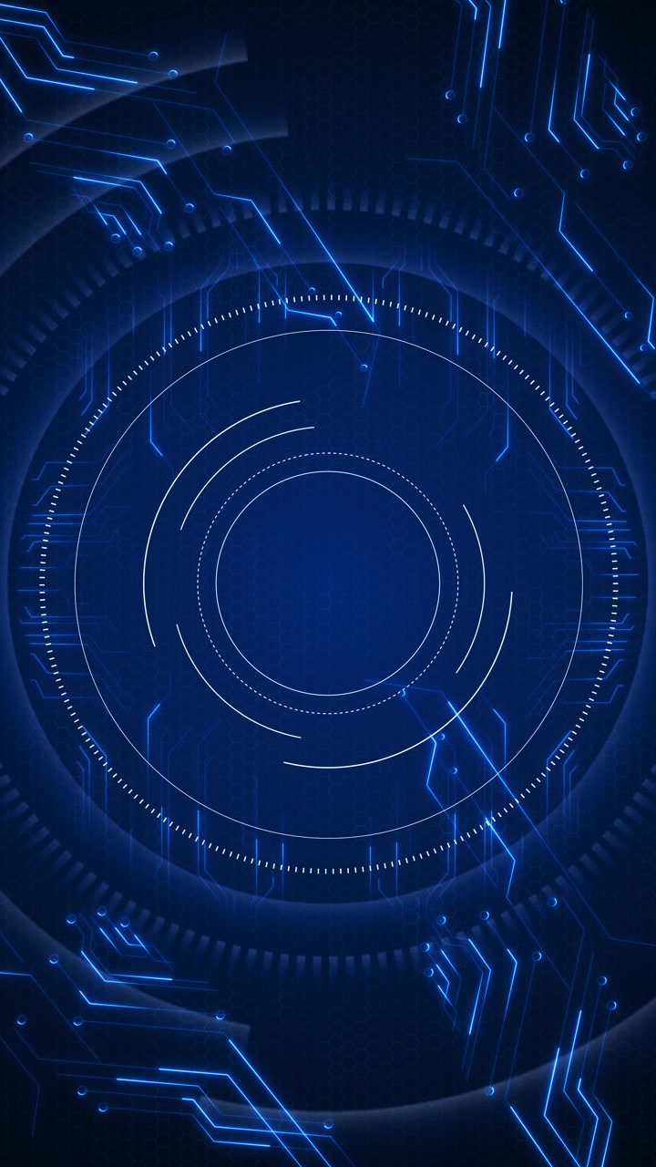 Futuristic blue radar panel with circular interface rings glowing circuit paths and dark hexagon