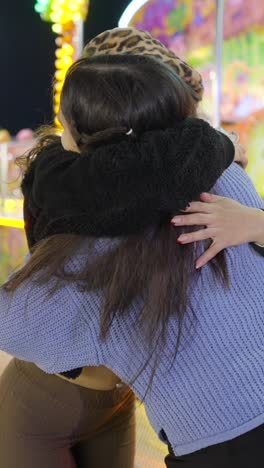 two people embracing at a lively fairground or amusement park at night