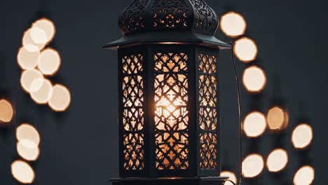 intricately designed lantern glows warmly against a dark backdrop, its light creating a soft, circular bokeh effect, evoking a sense of tranquility and peace