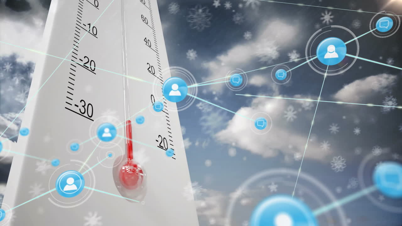 termómetro que muestra la temperatura fría con conexiones de red y animación de procesamiento de datos