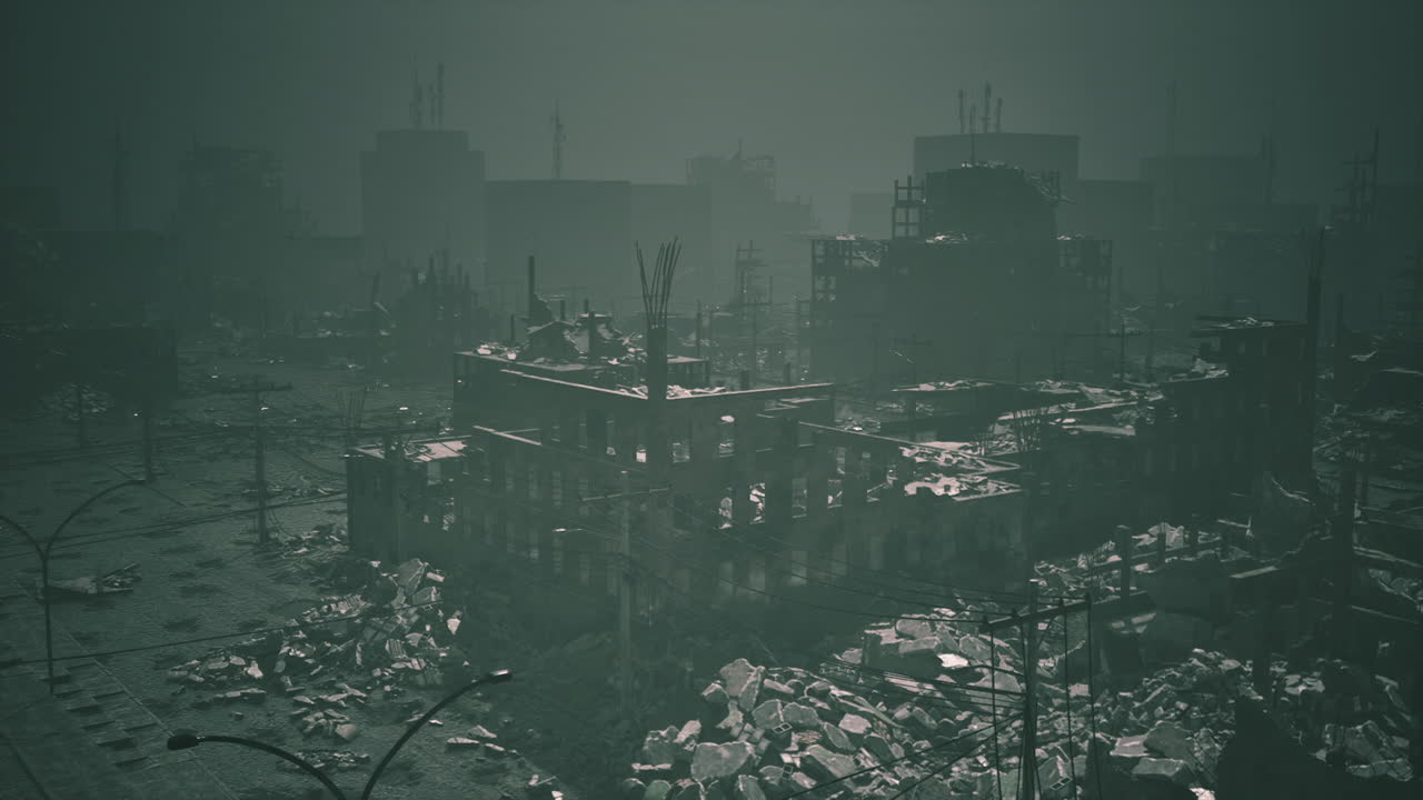 Desolate urban landscape depicting post apocalyptic city ruins at dusk