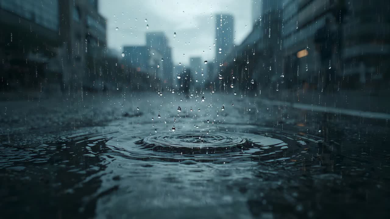 Falling rain striking shallow puddle on downtown street, creating ripples and reflecting headlights