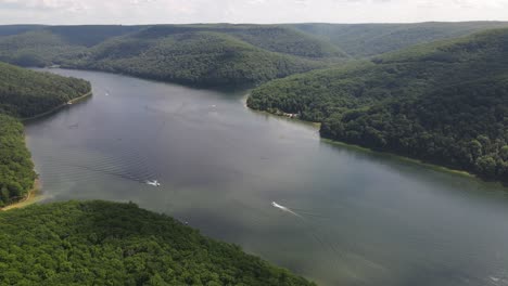 drone video of boats on the river in allegheny national forest in pennsylvania