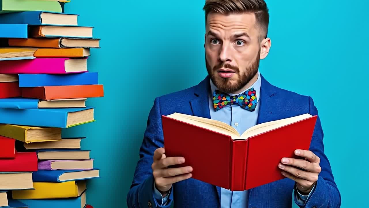 A man in a blue suit and bow tie holding a red book in front of a pile of books