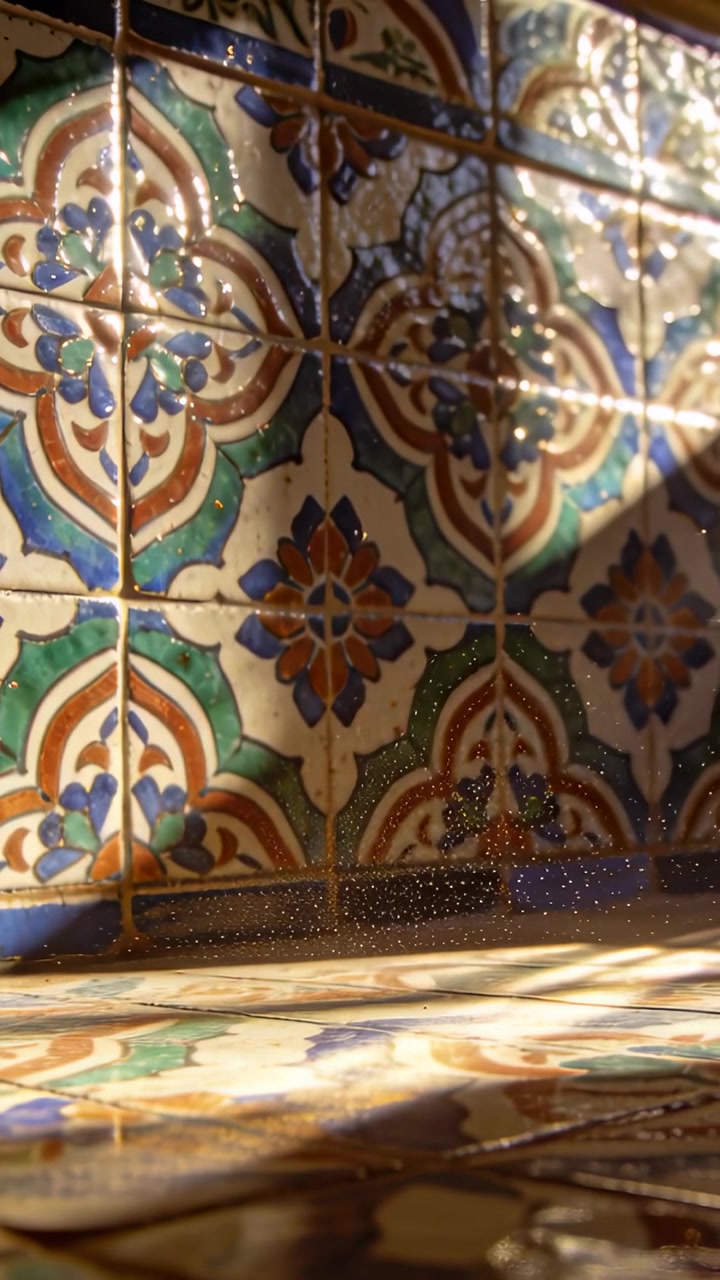 Video verticale: Luce solare in movimento che scivola su piastrelle smaltate vicino alla finestra della cucina, creando scintille di polvere.