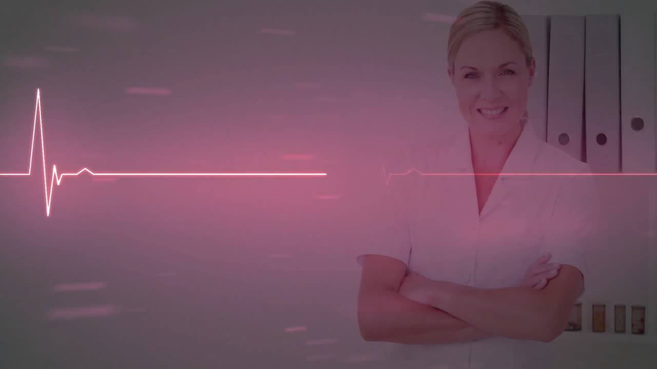 Animation of cardiograph over caucasian female doctor smiling