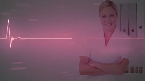 animation of cardiograph over caucasian female doctor smiling