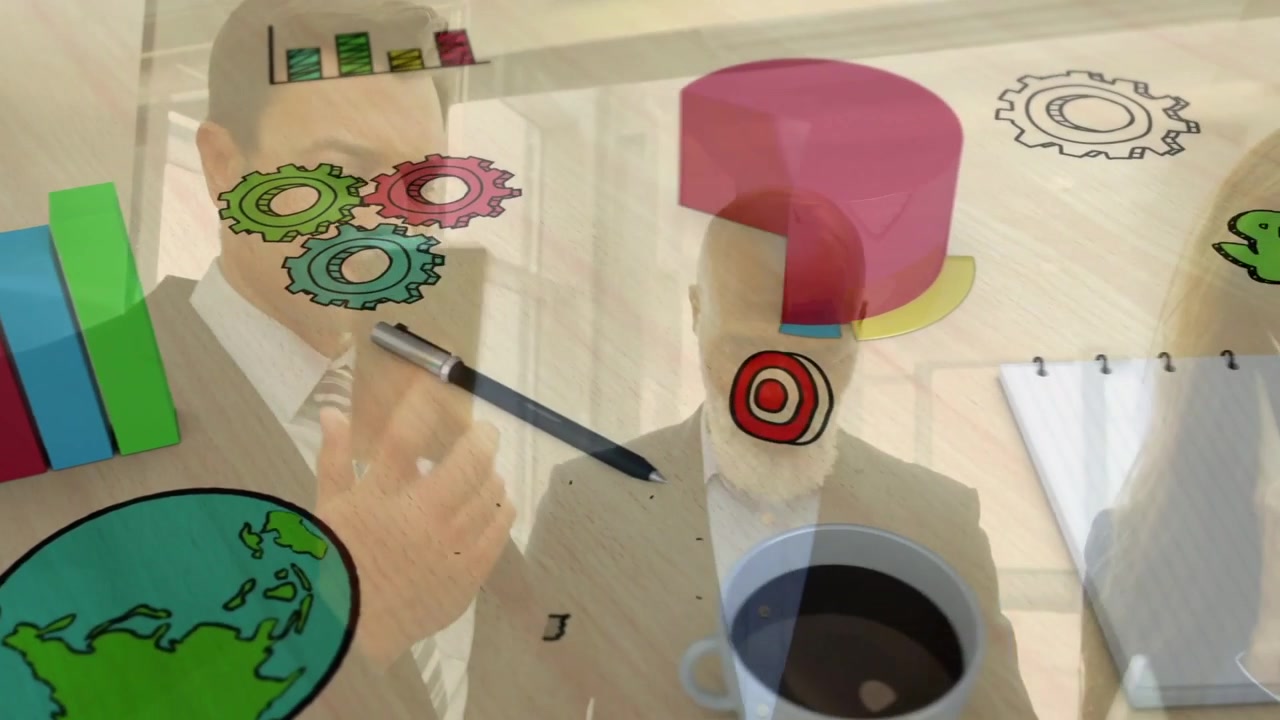Manager ending call triggers team, chart bars rising and pie growing across table to show sales