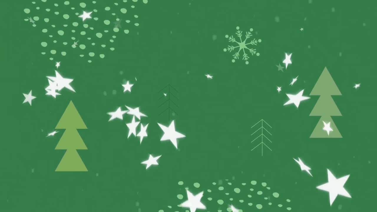animación de árboles de navidad y estrellas blancas cayendo sobre un fondo verde