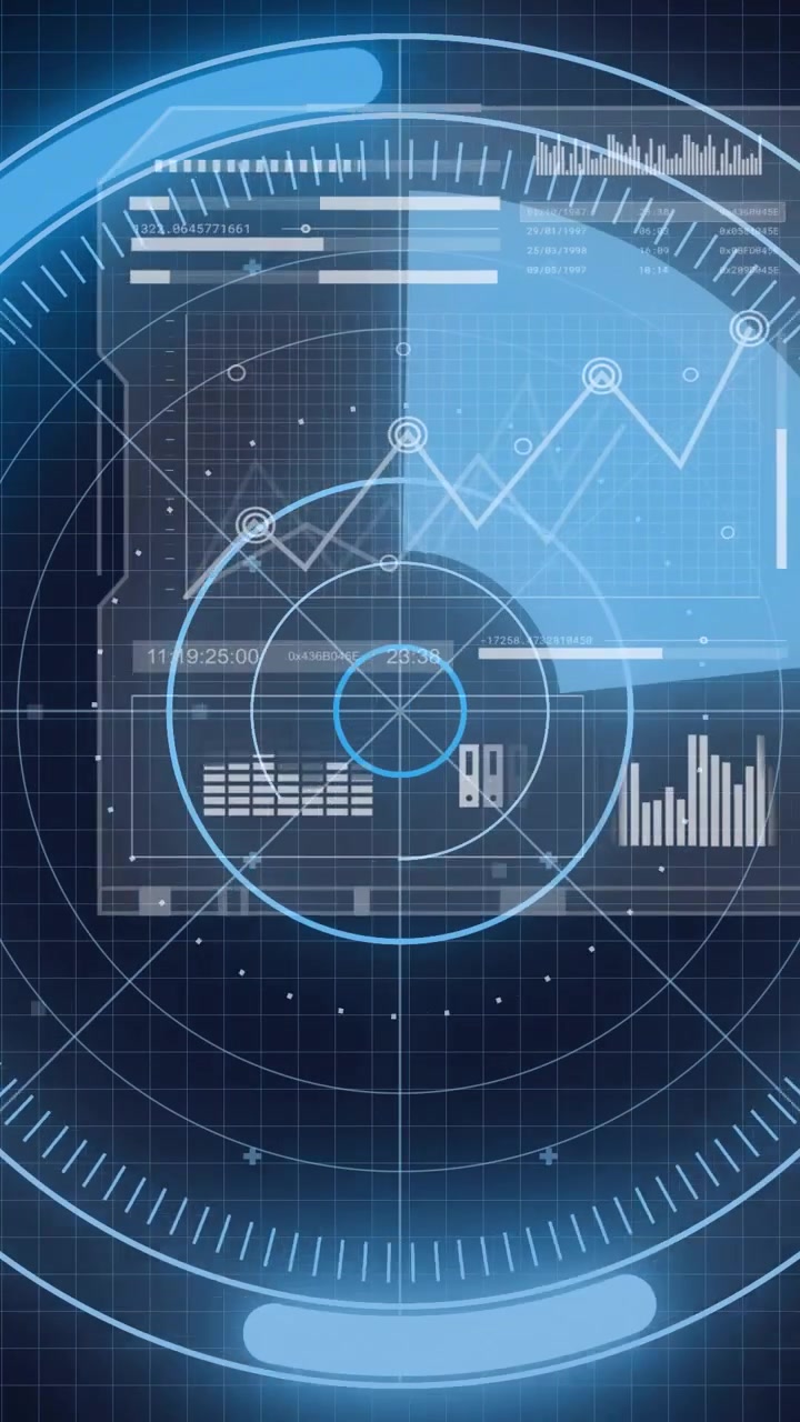 Vertical video: Scan pulse initiating HUD rotating wedge, revealing charts and hex for analytics
