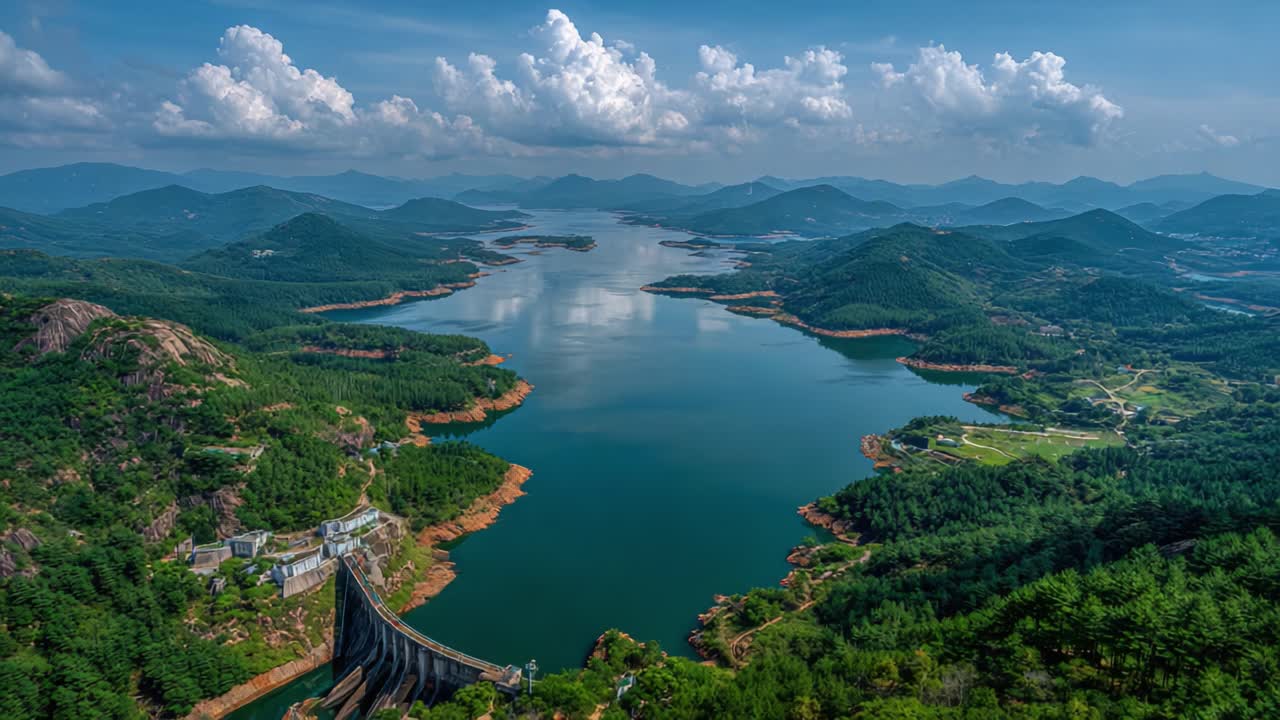 A Stunning Aerial View Overlooking a Serene Reservoir Surrounded by Lush Green Mountains and Breathtaking Scenic Landscapes Under a Bright Blue Sky