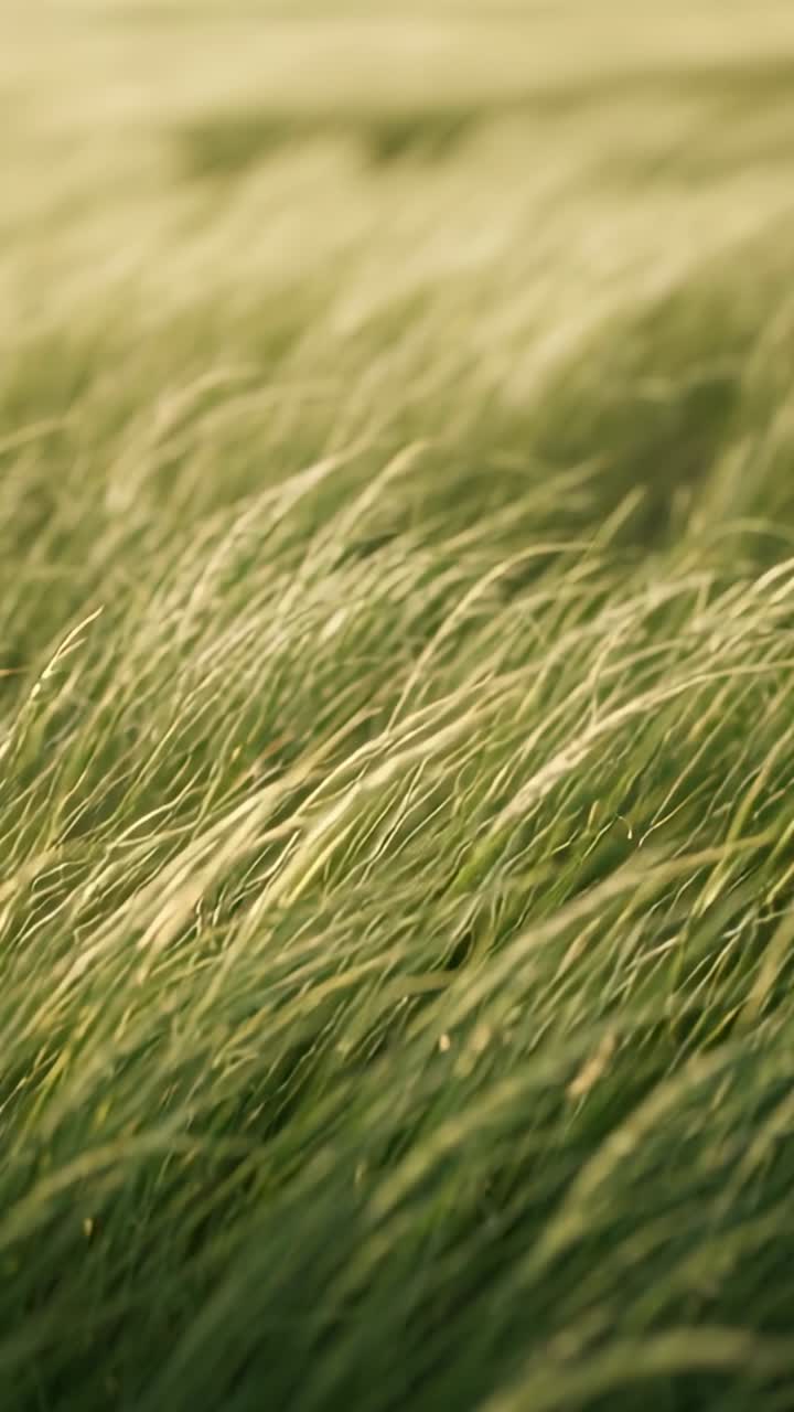 Video verticale: Vento che soffia e piega l'erba alta in un prato aperto, rivelando spighe dorate