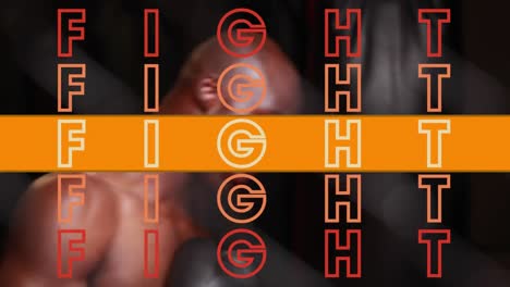 Animation-of-fight-text-in-repetition-with-orange-stripe-over-man-boxing