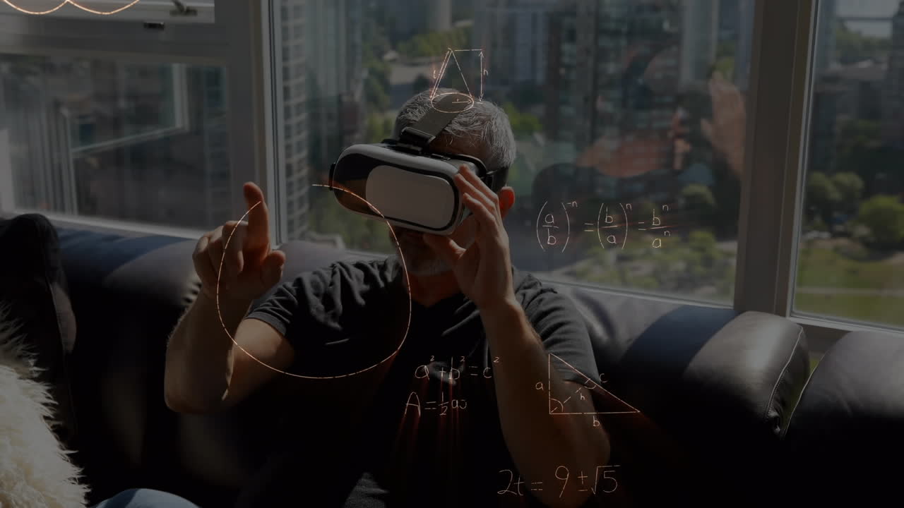 animación de dibujos matemáticos y ecuaciones sobre el hombre que usa auriculares vr