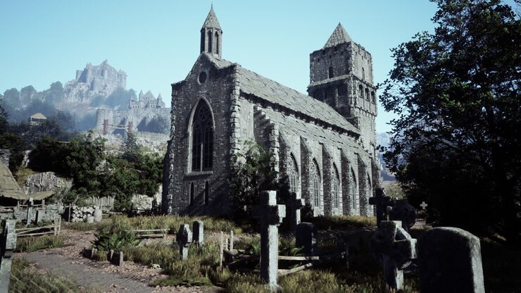 Chiesa e castello medievali in un paesaggio rurale