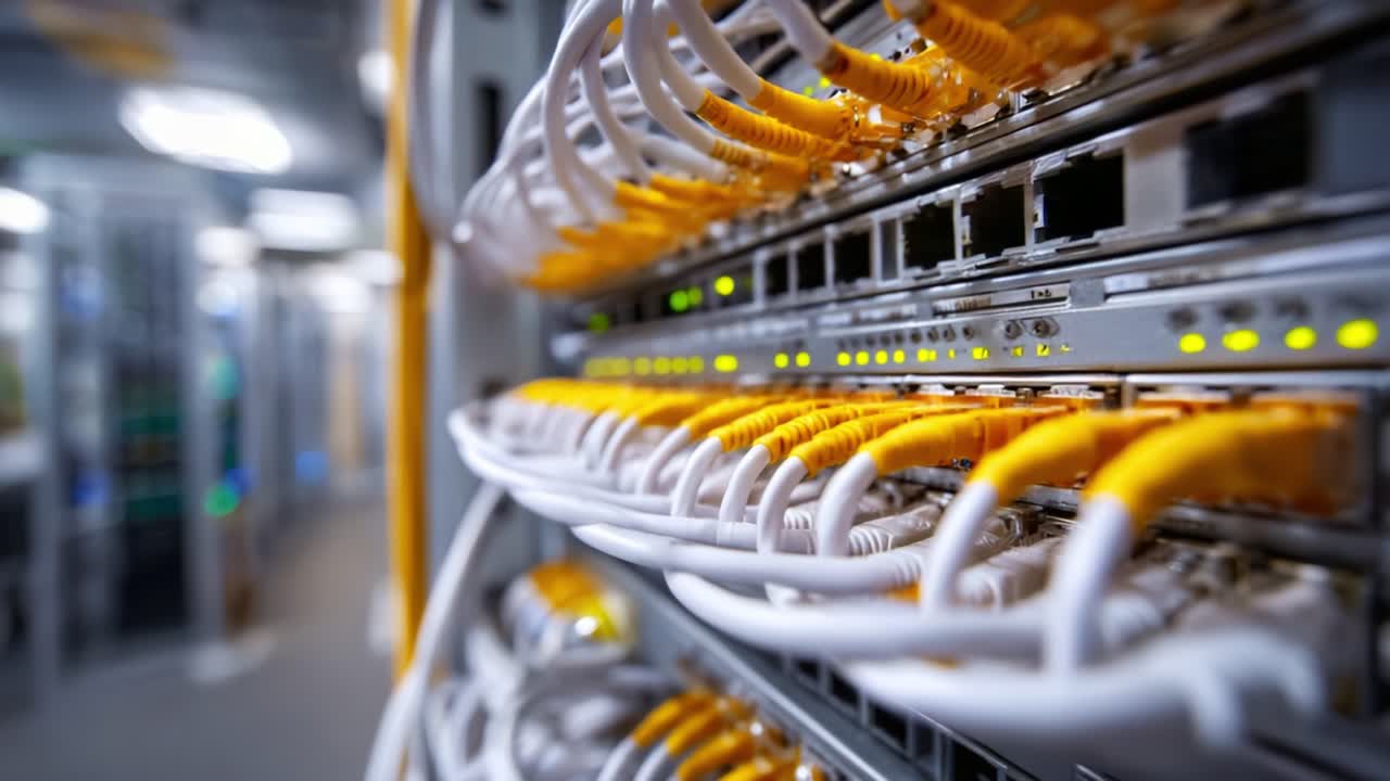 A close-up view of network switches and interconnected cables illustrating the intricate setup of data communications in modern technological environments