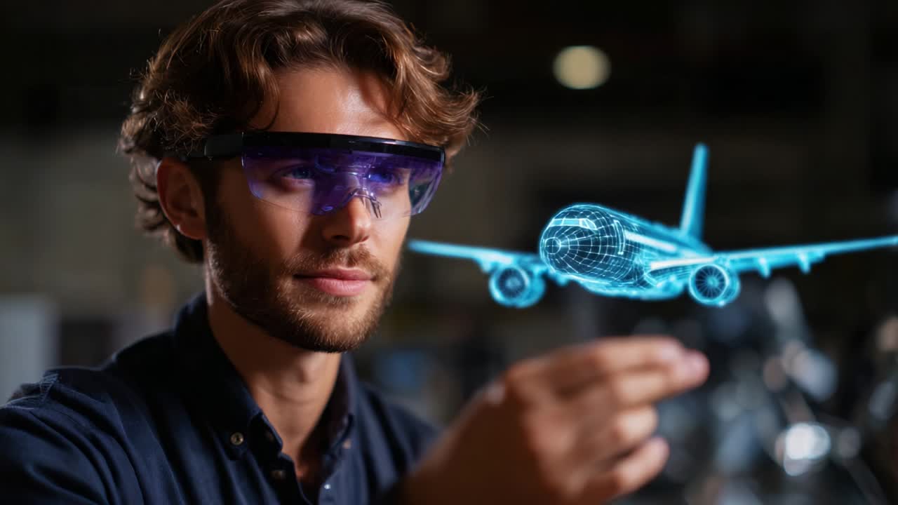 A young professional wearing smart glasses engages with a holographic airplane display, illustrating the intersection of technology and aviation design in a modern workspace environment