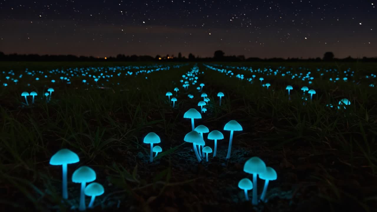 Un paesaggio notturno incantevole di funghi luminosi in un campo sotto un cielo stellato: l'incanto della natura si svela in uno splendore luminoso