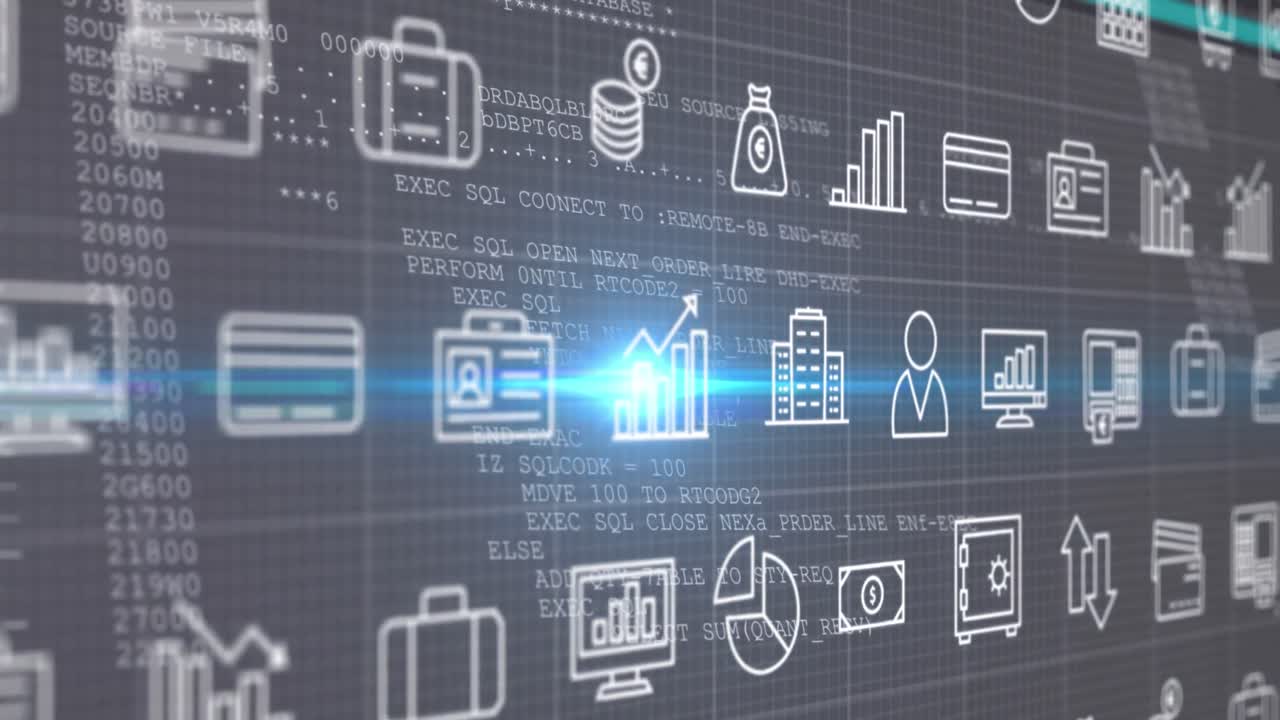 Animation of multiple digital icons over data processing against blue light spot on grey background