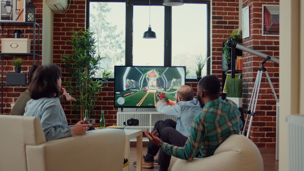 Group of friends playing video games on console