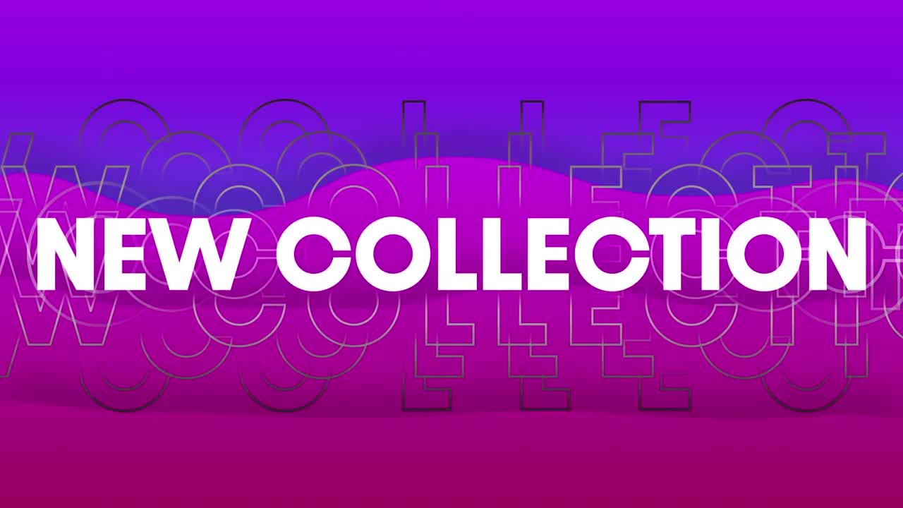 animación del texto de la nueva colección en repetición sobre fondo azul