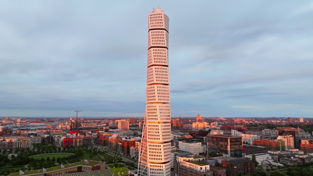 Aerial drone view of Turning Torso residential skyscraper in Malmo, Sweden