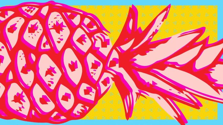 Animation of pink pineapple over blue triangles on yellow background