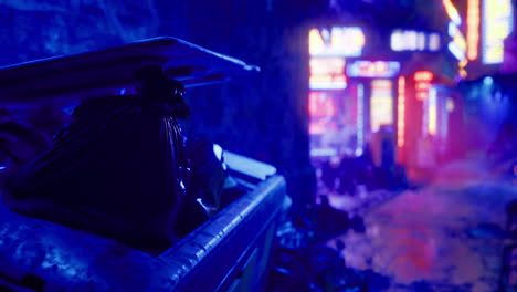 vibrant neon alleyway with urban decay and contrasting shadows at night